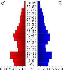 Schéma représentant la population du comté, par tranche d'âge. En rouge, à gauche, les femmes, en bleu à droite, les hommes.