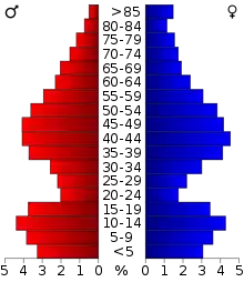 Schéma représentant la population du comté, par tranche d'âge. En rouge, à gauche, les femmes, en bleu à droite, les hommes.