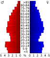 Schéma représentant la population du comté, par tranche d'âge. En rouge, à gauche, les femmes, en bleu à droite, les hommes.