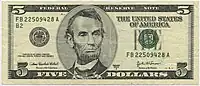 Avers d'un billet de 5 dollars américain imprimé en 2003