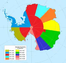 Découpage de l'Antarctique suivant les fuseaux horaires.