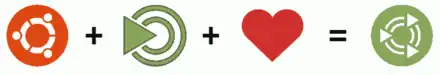Logo Ubuntu + logo MATE + cœur = logo Ubuntu MATE, un disque vert contenant trois triangles blancs disposés sur deux cercles concentriques blancs