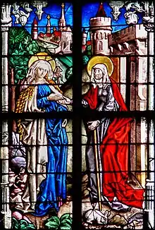 Visitation de la Vierge Marie, détail d'un vitrail de la Cathédrale d'Ulm, ca. 1480.