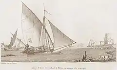 Une allège descendant le Rhône sous voile au début du XIXe&nbsp;siècle.