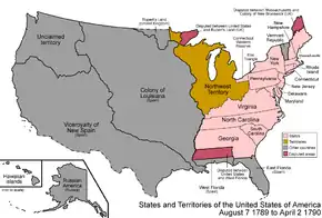 Carte représentant les treize colonies originelles, ainsi que les territoires non encore acquis de l'Ouest.