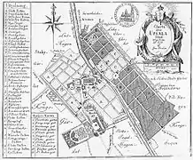 Carte de la ville d'Uppsala en 1770 : la cité est bâtie de part et d'autre de la rivière Fyris