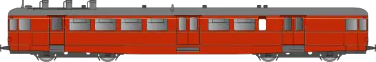 Autorail en livrée rouge avec trois liserés jaune clair.