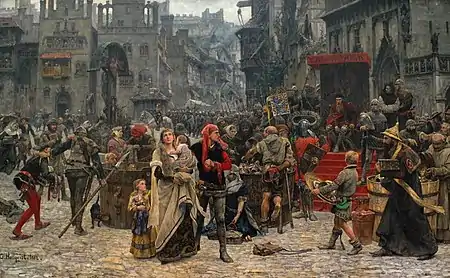 La toile de C. G.Hellqvist Valdemar Atterdag rançonne Visby, 1361 (1882) montre sur la droite, un marchand juif avec le chapeau juif et la rouelle.