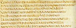 8 lignes de texte latin en capitale sur un parchemin.