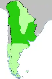 Carte de la Vice-royauté du Río de la Plata (fin du XVIIIe&nbsp;siècle). En vert clair : les régions non soumises par les Espagnols. Buenos Aires est en fait une ville toute proche des territoires indigènes.