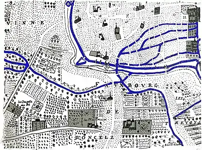 gravure représentant trois congrégations faubourg de Croncels, celui de la Visitation est en bas à droite.