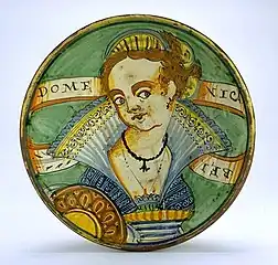 Assiette avec la représentation de " Domenica bella ", Viterbe, premier quart du XVIIe siècle.