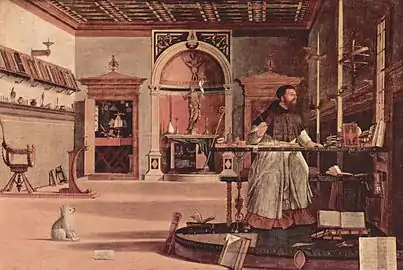 La Vision de saint Augustin, 141 × 210 cm, 1502, huile sur toile, Scuola di San Giorgio, Venise.