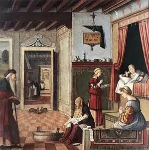 Nativité de la Vierge, 126 × 128 cm, tempera sur toile, Académie Carrara, Bergame.