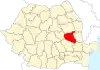 Map of Romania highlighting Vrancea County