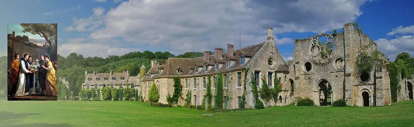 (1) Abbaye des Vaux-de-Cernay. (2) L'abbé Thibaut offrant une gerbe de 13 lys au roi Louis IX (Saint Louis) et à son épouse Marguerite de Provence anticipant la naissance des 11 enfants de la reine. L'original du tableau est à Versailles Joseph-Marie Vien,1716-1809.