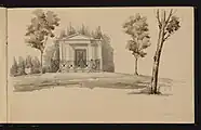 Dessin du Père-Lachaise réalisé par Prosper Morey durant ses études aux Beaux-Arts de Paris. Folio 2 de l'album de dessin de Prosper Morey. Nancy, Bibliothèques de Nancy, Ms. 1864.