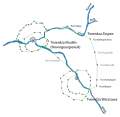 Carte montrant les forts de Varsovie et la forteresse de Modlin, avec les ouvrages de liaison (certains jamais construits).