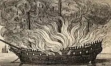 Navire en feu. Les brûlots lancés par Sourdis provoquent l'incendie de 17 vaisseaux espagnols et la mort de 4 à 5 000 marins.