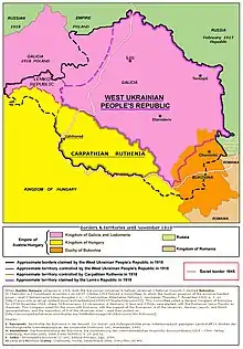 Frontières en 1918, fonction des revendications territoriales autour de la République populaire d'Ukraine occidentale (1918 - 1921). La Transcarpatie est prise au royaume de Hongrie.