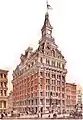 Lithographie de 1875, à l'angle de Dey Street et Broadway;
