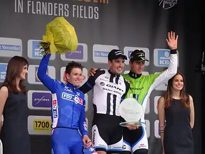 Podium de l'édition 2014 du Gand-Wevelgem : Arnaud Démare (2e), John Degenkolb (1er) et Peter Sagan (3e).