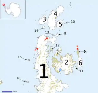 Carte de la terre de Graham, montrant l'île Tower en 16.