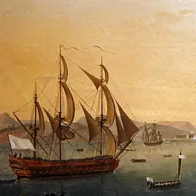 L’un des trois vaisseaux français, probablement le Vengeur ou le Réfléchi, sortant de Fort-Royal pour engager le combat.