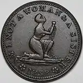 jeton avec une femme priant, enchaînée, un genou à terre, et les isncription Am I not a woman and a sister et 1838.
