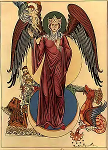 Femme de l'Apocalypse (Hortus deliciarum), Herrade de Landsberg, XIIe&nbsp;siècle.