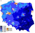 Les principales voix pour Droit et Justice sont en bleu foncé. Le PiS a bénéficié d'un soutien accru lors des élections législatives polonaises de 2019.