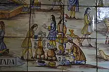 Carrelage jaune, brun et bleu montrant des personnages en costume du XVIIe siècle qui préparent la boisson dans des pots et d'autres qui se servent