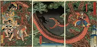 Bataille entre Minamoto no Yorimitsu avec ses hommes et le chef des voleurs Hakamadare no Mochisuke qui est aidé par un grand serpent. Triptyque.