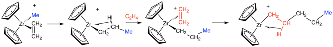 Schéma simplifié de la polymérisation de l'éthylène par un zirconocène.