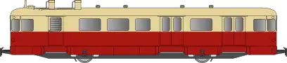 Autorail en livrée de la compagnie de l'Est, bas de caisse rouge et haut de caisse crème.