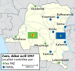 Carte du Zaïre, montrant les positions des belligérants : l'ADFL contrôle Bafwasende, Kisangani, Goma, Kindu, Kalemie et Kamina, les FAZ Lubumbashi, Mbujimayi et Kinshasa.