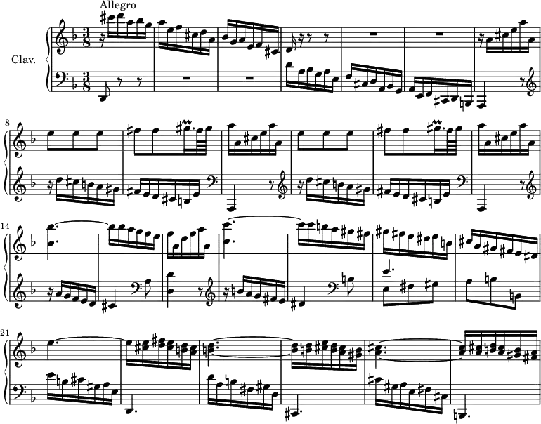 \version "2.18.2"
\header {
tagline = ##f
% composer = "Domenico Scarlatti"
% opus = "K. 553"
% meter = "Allegro"
}
%% les petites notes
trillGisqqp = { \tag #'print { gis16.\prall } \tag #'midi { a32 gis a } }
upper = \relative c'' {
\clef treble
\key d \minor
\time 3/8
\tempo 4. = 54
\set Staff.midiInstrument = #"harpsichord"
\override TupletBracket.bracket-visibility = ##f
s8*0^\markup{Allegro}
r16 cis'16 d a bes g | a e f cis d a | bes g a e f cis | { \tag #'print d16 \tag #'midi r16 } r16 r8 r8 |
% ms. 5
R4.*2 | r16 \repeat unfold 2 { a'16 cis e a a, | e'8 e e | fis fis \trillGisqqp fis64 gis | a16 }
% ms. 13 suite
a,16 cis e a a, | < bes bes' >4.~ bes'16 bes a g f e | f a, d f a a, | < c c' >4.~
% ms. 18
c'16 c b a gis fis | gis fis e dis e b | cis a gis fis e dis | e'4.~ | e16 < cis e > < d fis > < cis e > < b d > < a cis > | < b d >4.~
% ms. 24
< b d >16 q < cis e > < b d > < a cis > < gis b > | < a cis >4.~
% ms. 30
< a cis >16 q < b d > < a cis > < gis b > < fis a > |
}
lower = \relative c' {
\clef bass
\key d \minor
\time 3/8
\set Staff.midiInstrument = #"harpsichord"
\override TupletBracket.bracket-visibility = ##f
% ************************************** \appoggiatura a16 \repeat unfold 2 { } \times 2/3 { } \omit TupletNumber
d,,8 r8 r8 | R4.*2 | d''16 a bes g a e | f cis d a bes g |
% ms. 6
a16 e f cis d b | \repeat unfold 2 { \clef bass a4 r8 \clef treble r16 d'''16 cis b a gis | fis e d cis b e } | \clef bass
% ms. 13
a,,,4 r8 | \clef treble r16 a''' g f e d | cis4 \clef bass a8 | < d, d' >4 r8 | \clef treble r16 b''16 a g fis e |
% ms. 18
dis4 \clef bass b8 | << { e4. } \\ { e,8 fis gis } >> | a8 b b, | e'16 b cis gis a e | d,4. | d''16 a b fis gis d |
% ms. 24
cis,4. | cis''16 gis a e fis cis | b,4. | % b''16 fis gis d e b | a,4 cis'8 | d e e, |
% ms. 30
% < a a' >4 < b b' >8 | < e, e' >8 a' b | e16 b cis gis, a e | d,4. |
}
thePianoStaff = \new PianoStaff <<
\set PianoStaff.instrumentName = #"Clav."
\new Staff = "upper" \upper
\new Staff = "lower" \lower
>>
\score {
\keepWithTag #'print \thePianoStaff
\layout {
#(layout-set-staff-size 17)
\context {
\Score
\override SpacingSpanner.common-shortest-duration = #(ly:make-moment 1/2)
\remove "Metronome_mark_engraver"
}
}
}
\score {
\keepWithTag #'midi \thePianoStaff
\midi { }
}