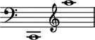 \header {
tagline = ##f
\version "2.16.2"
}
\score {
\new Staff \with {
\remove "Time_signature_engraver"
}
\relative c {
\key c \major
\time 2/1
\autoBeamOff
\clef bass
\override Rest #'style = #'classical
c,1
\clef treble
a''''
}
\layout {
\context {
\Score
\remove "Metronome_mark_engraver"
}
}
\midi {}
}