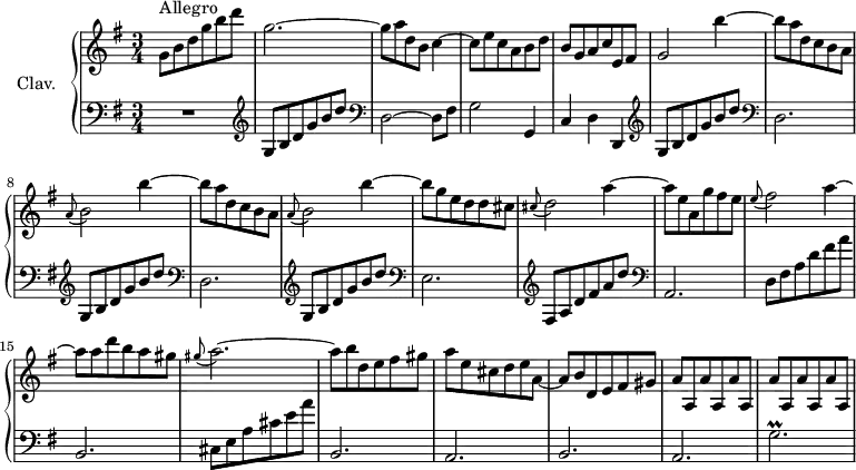\version "2.18.2"
\header {
tagline = ##f
}
%% les petites notes
trillG = { \tag #'print { g'2.\prall } \tag #'midi { a32 g a g~ g8~ g2 } }
upper = \relative c'' {
\clef treble
\key g \major
\time 3/4
\tempo 4 = 160
\set Staff.midiInstrument = #"harpsichord"
g8^\markup{Allegro} b d g b d | g,2.~ | g8 a d, b c4~ | c8 e c a b d | b g a c e, fis |
% ms. 6
g2 \repeat unfold 2 { b'4~ | b8 a d, c b a | \appoggiatura a8 b2 } b'4~ |
% ms. 11
b8 g e d d cis | \appoggiatura cis8 d2 a'4~ | a8 e a, g' fis e | \appoggiatura e8 fis2 a4~ | a8 a d b a gis |
% ms. 16
\appoggiatura gis8 a2.~ | a8 b d, e fis gis | a e cis d e a,~ | a b d, e fis gis | \repeat unfold 6 { a a, } |
}
lower = \relative c' {
\clef bass
\key g \major
\time 3/4
\set Staff.midiInstrument = #"harpsichord"
% **************************************
R2. | \clef treble g8 b d g b d | \clef bass d,,2~ d8 fis | g2 g,4 | c d d, |
% ms. 6
\repeat unfold 2 { \clef treble g'8 b d g b d | \clef bass d,,2. } | \clef treble g8 b d g b d |
% ms. 11
\clef bass e,,2. | \clef treble fis8 a d fis a d | \clef bass a,,2. | d8 fis a d fis a | b,,2. |
% ms. 16
cis8 e a cis e a | b,,2. | a b a \trillG |
}
thePianoStaff = \new PianoStaff <<
\set PianoStaff.instrumentName = #"Clav."
\new Staff = "upper" \upper
\new Staff = "lower" \lower
>>
\score {
\keepWithTag #'print \thePianoStaff
\layout {
#(layout-set-staff-size 17)
\context {
\Score
\override SpacingSpanner.common-shortest-duration = #(ly:make-moment 1/2)
\remove "Metronome_mark_engraver"
}
}
}
\score {
\keepWithTag #'midi \thePianoStaff
\midi { }
}