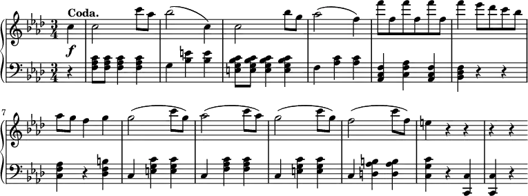 
 \relative c' {
 \new PianoStaff <<
  \new Staff { \key f \minor \time 3/4 \partial 4 \set Score.tempoHideNote = ##t \tempo "" 2. = 64

    c'^\markup {\bold Coda.} c2 c'8[ aes] bes2( c,4) c2 bes'8[ g] aes2( f4) f'8[ f, f' f, f' f,] f'4 ees8[ des c bes] aes g f4 g g2( c8[ g)] aes2( c8[ aes)] g2( c8[ g)] f2( c'8[ f,)] e4 r r r r
   }
  \new Dynamics {
  s\f
   }
  \new Staff { \key f \minor \time 3/4 \clef bass \partial 4
   r4 <f,, aes c>8[ <f aes c>] <f aes c>4 <f aes c> g4 <bes e> <bes e> <e, g bes c>8[ <e g bes c>] <e g bes c>4 <e g bes c> f <aes c> <aes c> <aes, c f> <c f aes> <aes c f> <bes des f> r r <c f aes> r <des f b> c <e g c> <e g c> c <f aes c> <f aes c> c <e g c> <e g c> c <d as' b> <d as' b> <c g' c> r<c c,> <c c,> r
   }
 >>
 }
