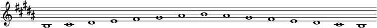 \new Staff {
\relative c' {
\key b \major
\override Staff.TimeSignature #'stencil = ##f
\override Staff.BarLine #'stencil = ##f
b1 cis dis e fis gis ais b ais gis fis e dis cis b
}
}
\midi {
\context {
\Score
tempoWholesPerMinute = #(ly:make-moment 120 1)
}
}