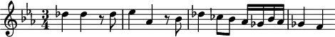 
\header {
  tagline = ##f
}

\score {
  \new Staff \with {

  }
<<
  \relative c'' {
    \key ees \major
    \time 3/4
    \tempo 4 = 80
    \override TupletBracket #'bracket-visibility = ##f 
    %\autoBeamOff
    \set Staff.midiInstrument = #"string ensemble 1"

     %%%%%%%%%%%%%%%%%%%%%%%%%% AB 3-2 th3
     des4 des r8 des ees4 aes, r8 bes8 des4 ces8 bes aes16 ges bes aes ges4 f

  }
>>
  \layout {
    \context { \Score \remove "Metronome_mark_engraver"
    }
  }
  \midi {}
}
