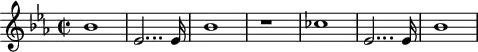 
\header {
  tagline = ##f
}

\score {
  \new Staff \with {

  }
<<
  \relative c'' {
    \key ees \major
    \time 2/2
    \tempo 2 = 80
    \override TupletBracket #'bracket-visibility = ##f 
    %\autoBeamOff
    \set Staff.midiInstrument = #"French horn"

     %%%%%%%%%%%%%%%%%%%%%%%%%% AB 4-1 th1
     bes1 ees,2... ees16 bes'1 r1 ces1 ees,2... ees16 bes'1

  }
>>
  \layout {
    \context { \Score \remove "Metronome_mark_engraver"
    }
  }
  \midi {}
}
