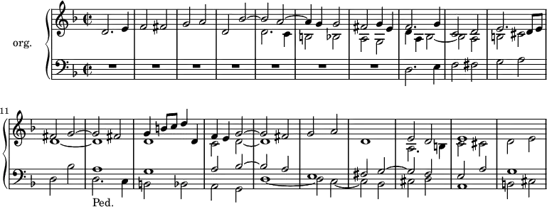 \version "2.18.2"
\header {
tagline = ##f
% composer = "Bohuslav Matěj Černohorský"
% opus = ""
% meter = "Andante"
}
dux = { d2. e4 | f2 fis | g a | d, }
comes = { d2. c4 | b2 bes | a g }
upper = \relative c' {
\clef treble
\key d \minor
\time 2/2
\tempo 2 = 72
% ms. 1
<< { \dux bes'2~ | bes a~ | a4 g g2 | fis g4 e | f2. g4 |
c,2 d | e2. d8 e | fis2 g~ | g fis }
\\ { s1*4 \comes d'4 a bes2~ |
bes a | b cis | d1~ | d } >>
% ms. 13
<< { g4 b8 c d4 d, | f e g2~ | g fis | g a d,1 }
\\ { d1 | c2 d~ | d1 } >>
% ms. 18
<< { e2 d | e1 | }
\\ { a,2. b4 | c2 cis | d e } >>
}
lower = \relative c {
\clef bass
\key d \minor
\time 2/2
% ms. 1 et 8
R1*7 \dux bes'2
<< { a1 | g | a2 bes~ | bes a e1 | fis2 g~ | g f | e a | g1 }
\\ { s8*0-\markup{Ped.} \comes d'1~ | d2 c~ | c bes | cis d | a1 | b2 cis } >>
}
\score {
\new PianoStaff <<
\set PianoStaff.instrumentName = #"org."
\new Staff = "upper" \upper
\new Staff = "lower" \lower
>>
\layout {
#(layout-set-staff-size 17)
\context {
\Score
\override SpacingSpanner.common-shortest-duration = #(ly:make-moment 1/2)
\omit TupletNumber
\remove "Metronome_mark_engraver"
}
}
\midi { \set Staff.midiInstrument = #"church organ" }
}