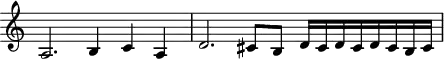 \header {
tagline = ##f
}
\score {
\new Staff \with {
\remove "Time_signature_engraver"
}
<<
\relative c' {
\key c \major
%\clef bass
\time 3/2
\override TupletBracket #'bracket-visibility = ##f
%%% f° 26-31v
a2. b4 c a d2. cis8 b d16 cis d cis d cis b cis
}
>>
\layout {
\context { \Score \remove "Metronome_mark_engraver" }
}
\midi {}
}