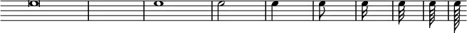 \new Staff \with {
  \remove "Time_signature_engraver"
  \hide Clef
}
\relative c'' {e\breve e1 e2 \bar "|" e4 \bar "|" e8 \bar "|" e16 \bar "|" e32 \bar "|" e64 \bar "|" e128}