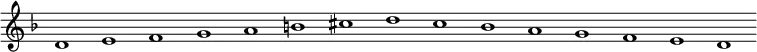 \new Staff {
\relative c' {
\key d \minor
\override Staff.TimeSignature #'stencil = ##f
\override Staff.BarLine #'stencil = ##f
d1 e f g a b cis d c bes a g f e d
}
}
\midi {
\context {
\Score
tempoWholesPerMinute = #(ly:make-moment 120 1)
}
}