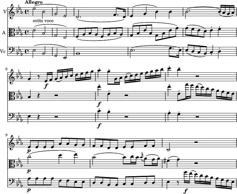 << \new Staff \with { instrumentName = #"V"}
\relative c'' {
\version "2.18.2"
\key ees \major
\tempo "Allegro"
\time 4/4
\tempo 4 = 130
ees2 _\markup {sotto voce} (bes g ees)
d2. (f8. d16)
ees4 (g bes) bes
bes2. (bes16) (aes g aes)
g4 r8 ees16\f f g (aes) bes c d ees f g
aes4-. g8-. g,16 aes bes (c) d ees f g aes bes
c4-. bes-. r2
ees,,8\p ees ees ees aes aes g g
f f d d ees ees f f
bes,2 r
}
\new Staff \with { instrumentName = #"A "} \relative c'' {
\key ees \major
\clef "alto"
ees,2 (bes g ees)
f8 (aes bes aes f aes bes aes)
g (bes ees bes g bes ees g)
g (f ees d) ees4-. f-.
bes,4 r r2
ees'4-.\f ees,-. r2
ees'4-. ees,8-. g'16 f ees (d) c bes aes g f ees
c'2\p (d4 ees)
bes2 (bes8) c16 bes \grace bes16 (aes8) (g16 aes)
fis4 (g) r2
}
\new Staff \with { instrumentName = #"Vc "} \relative c'' {
\key ees \major
\clef "bass"
ees,,2 (bes g ees)
bes'1 ees2. (g8. ees16)
ees8 (d c bes) c4-. d-.
ees r r2
c'4-.\f bes-. r2 aes4-. g-. r2
aes8\p aes aes aes f f ees ees
d d bes bes c c d d
ees4 r8 g'16\f f (ees) d c bes aes g f ees
}
>>