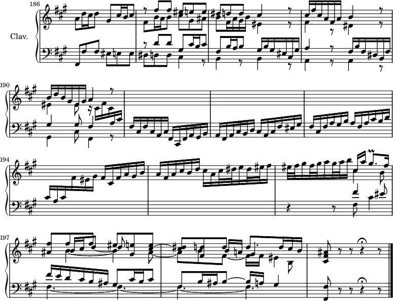 
\version "2.18.2"
\header {
  tagline=##f
}

trillGisqp   ={ \tag #'print { gis8.\prall } \tag #'midi { a32 gis a gis~ \tempo 4.=40 gis16 } }

upper=\relative c'' {
  \clef treble 
  \key fis \minor
  \time 6/8
  \tempo 4.=62
  \set Score.currentBarNumber=#186
  \omit Staff.TimeSignature
    \bar ""

   % ms. 186
   a8 d16 cis d8 gis,8 cis16 b cis8|
   << { r8 fis8 fis eis e e|dis d d cis4 r8|cis16 fis cis a fis a b4 r8|b16 d b gis eis gis a4 r8 } 
   \\ { fis8 b16 a b8 cis gis ais|b fis16 a gis b eis,4 r8|fis4 r8 dis4 r8|eis4 eis8 r16 cis16 fis cis  \stemUp  \change Staff="lower" a cis } >> \stemUp  \change Staff="lower"
   % ms. 191
   fis,16 cis fis cis a cis fis, cis fis a gis b|a fis a cis b d cis a cis fis eis gis|fis cis fis a gis b a fis a cis b d|
   % ms. 194
   cis a cis \stemNeutral   \change Staff="upper" fis eis gis fis cis fis a gis b|a fis a cis b d cis a cis32 dis e16 dis32 eis fis16|eis32 fis gis16 fis32 gis a16 gis32 a b16
   % ms. 196 suite
   << { cis,16[ a'] \trillGisqp fis16|\tempo 4.=62 < ais, fis' >8  fis' fis eis < gis, e' > < cis e >~ < cis dis > < fis, d' > d' d8. d16 cis b  } 
   \\ { s4. s8 \stemUp \shiftOn b16 cis d8~ d s8|s4. b16 a gis4  \stemDown   \tempo 4.=45 b,8  } 
   \\ { \stemDown cis'4 b8 s8 b4_~ b4 ais8_~|ais b fis_~ fis16 fis eis4 } >>|  \tempo 4.=20 < cis fis ais >8 r8 r8 r4\fermata r8


}

lower=\relative c {
  \clef bass
  \key fis \minor
  \time 6/8
  \omit Staff.TimeSignature

   % ms. 186
   fis,8 fis' fis eis e e|
   << { r8 d'8 d gis, cis16 b cis8|fis,8 b16 a b8 gis16 b gis eis cis gis'|a4 r8 fis16 b fis dis b fis'|gis4 gis8 fis4 } 
   \\ { dis8 d d cis4 r8|b4 r8 b4 r8|a4 r8 a4 r8|gis4 cis8 fis,4 r8  } >>
   % ms. 188
   
   % ms. 191
   s2.*5
   % ms. 196
   r4 r8 
   << { fis''4 eis8|fis16 e d cis b ais gis8 cis16 b cis8|fis,8 b16 ais b8~ b16 a gis4 } 
   \\ { \mergeDifferentlyDottedOn fis8 cis'4|fis,4.~ fis~ fis~ fis } >> < fis, fis' >8 r8 r8 r4\fermata r8 \bar "|." 

} 

thePianoStaff=\new PianoStaff <<
    \set PianoStaff.instrumentName=#"Clav."
    \new Staff="upper" \upper
    \new Staff="lower" \lower
  >>

\score {
  \keepWithTag #'print \thePianoStaff
  \layout {
      #(layout-set-staff-size 17)
    \context {
      \Score
     \override SpacingSpanner.common-shortest-duration=#(ly:make-moment 1/2)
      \remove "Metronome_mark_engraver"
    }
  }
}

\score {
  \keepWithTag #'midi \thePianoStaff
  \midi { \set Staff.midiInstrument=#"harpsichord" }
}
