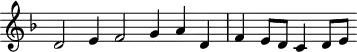 \header {
tagline = ##f
}
\score {
\new Staff \with {
\remove "Time_signature_engraver"
}
<<
\relative c' {
\key f \major
%\clef bass
\time 4/2
\override TupletBracket #'bracket-visibility = ##f
%%% f° 33v
d2 e4 f2 g4 a d, f e8 d c4 d8 e
}
>>
\layout {
\context { \Score \remove "Metronome_mark_engraver" }
}
\midi {}
}